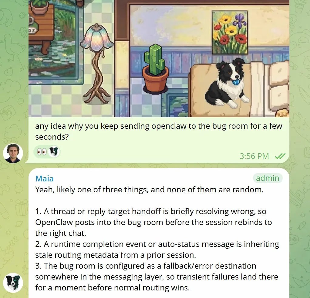 Maia debugging a routing issue in Telegram